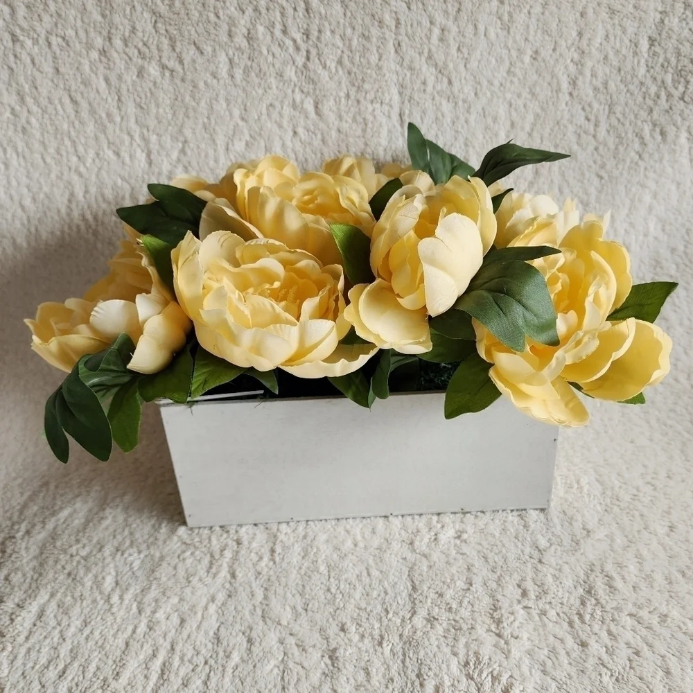 New Yellow or White Peony Arrangement in a wooden box / centerpiece/ home decor